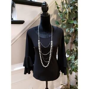 Retrology Ruffle Sleeve Top Women's M Black Stretchy Blouse Office Casual Chic